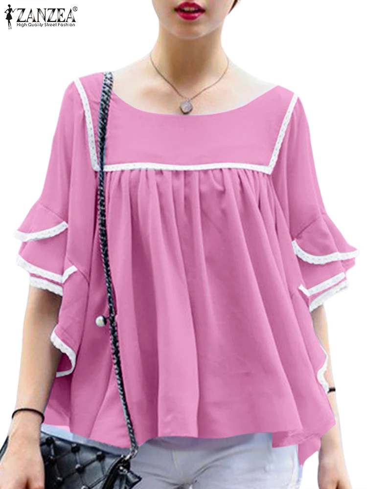 ZANZEA Stylish Lace Trim Gathered Blouses Women Casual Loose O-Neck Layered Flare Sleeve Blusas Mujer Everyday Solid Color Tops