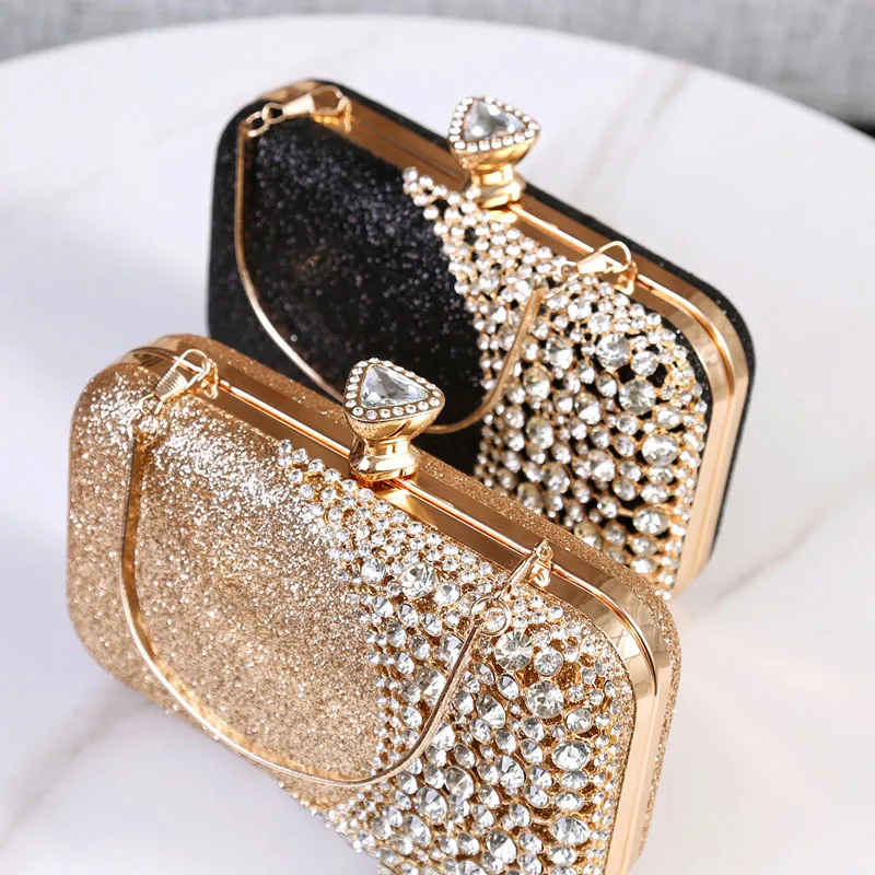 Women Diamond Evening Bag Glitter Hollow Out Gold Rhinestone Handbag Ladies Chain Crystal Wedding Party Mini Purse Day Clutch