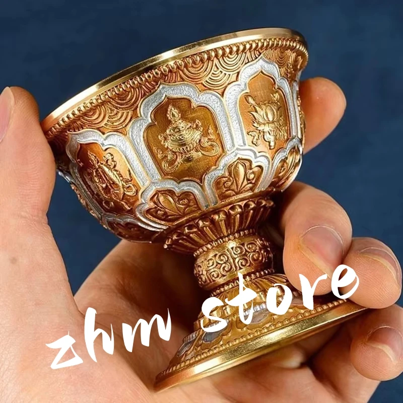 

Multi-color Engraving Buddhist Holy Water Cup Alloy Eight Auspicious Symbol Tibetan 7.2cm Buddha Bowl Gift Indoor Decorative