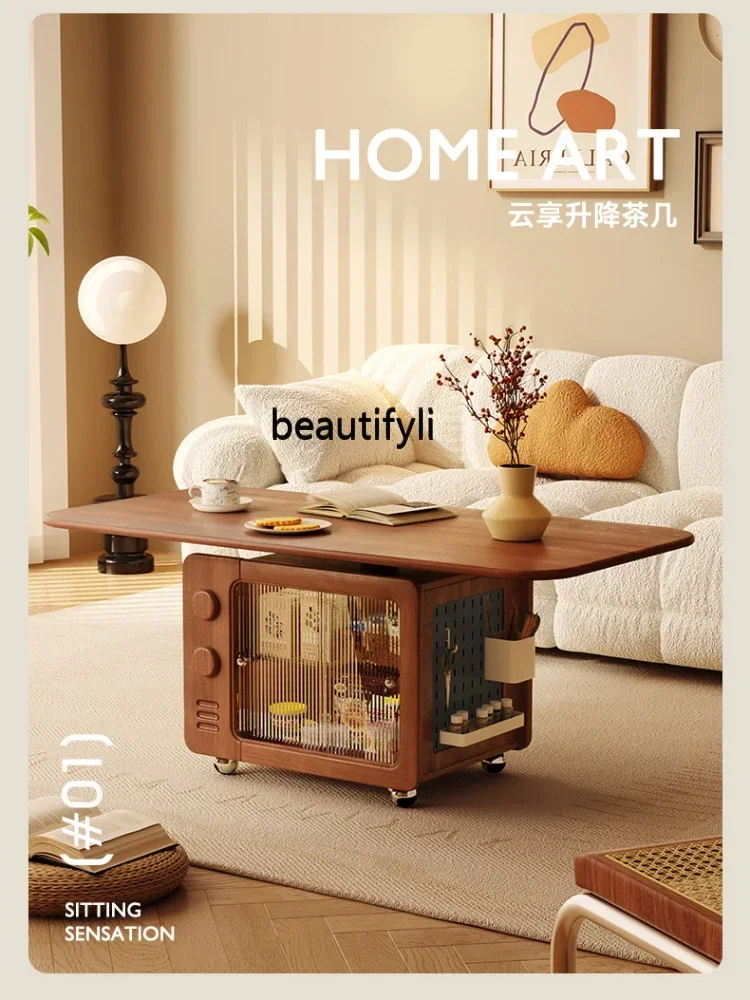 

02A Retro Solid Wood Lifting Coffee Table Small Living Room Mobile Boxwood Dining Table Dual-Use Tea Table