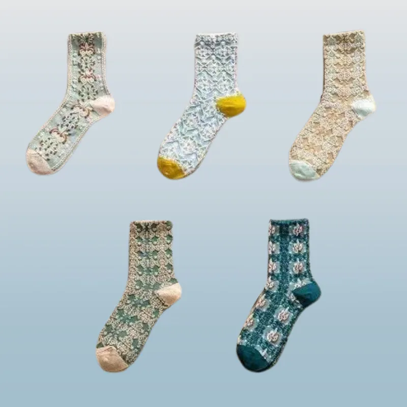 Calcetines de tubo alto para mujer, medias con relieve tridimensional, florales, literarias, estilo Palacio, Retro, 5/10 pares