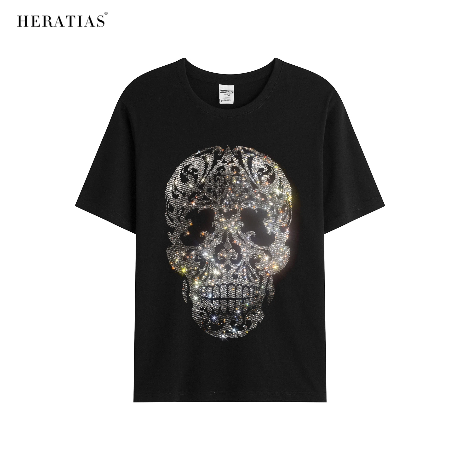 Hot sale European fashion hot drill tide men's summer short-sleeved cotton casual T-shirt shiny diamond skull pattern T-shirt