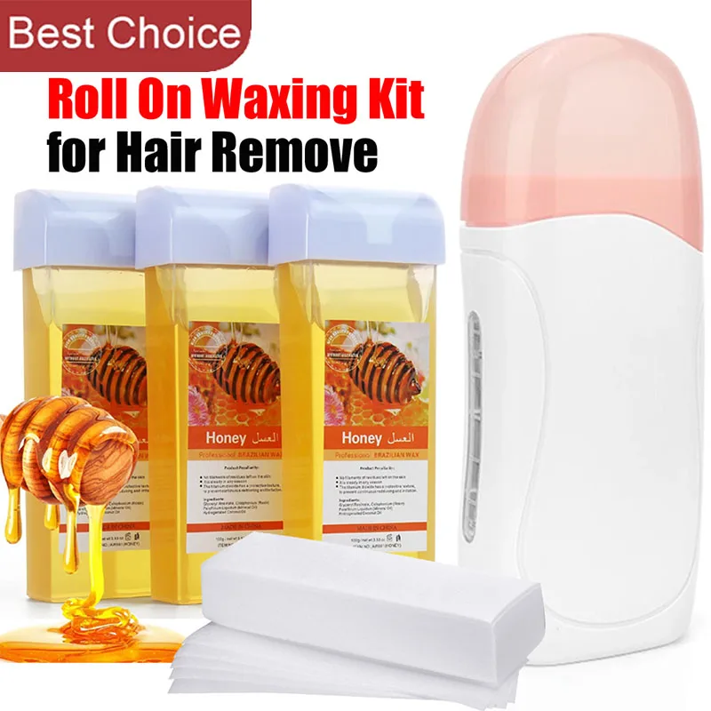 

3-in-1 Honey Hair Removal Wax Roller Refill Kit with Roll-On Depilatory Wax Cartridge Warmer Heater for Smooth Skin Waxing