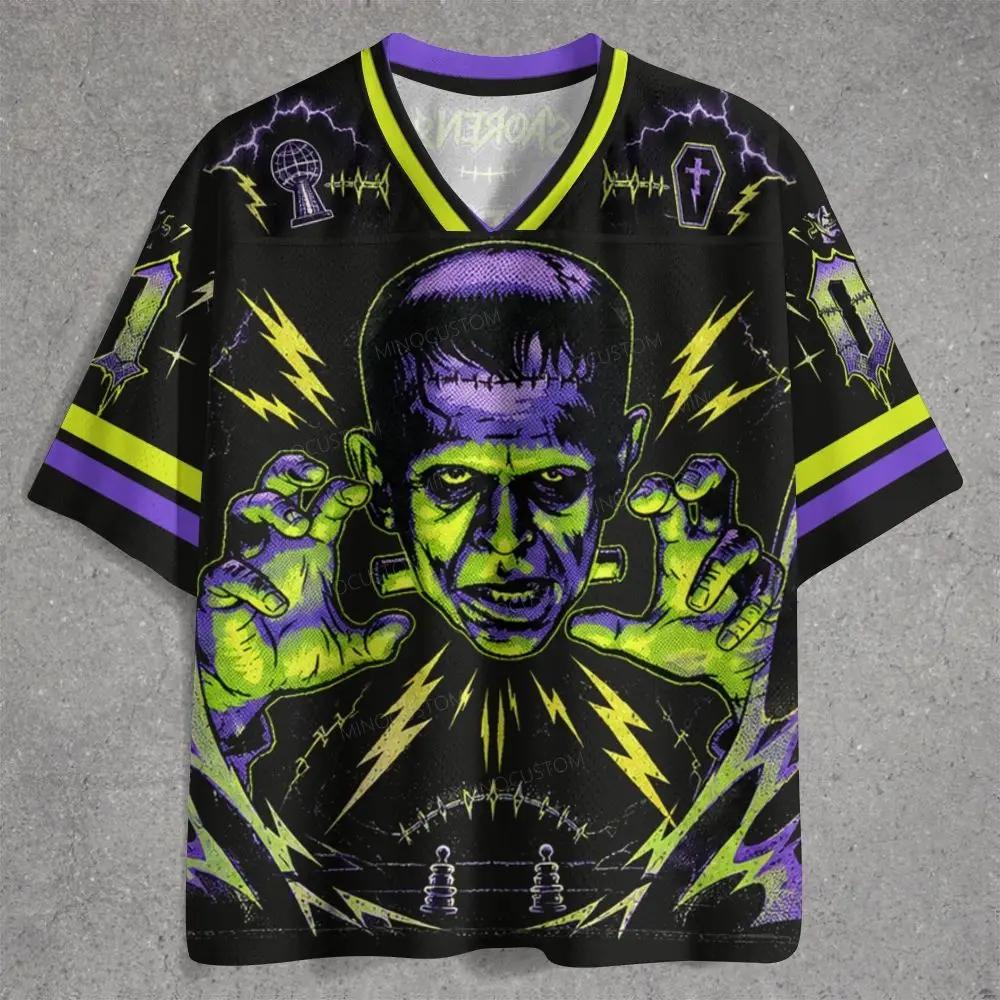 2026 Men Retro Horror Monster Graphic Jersey,Frankenstein Inspired Lightning 3D Print V‑Neck Short Top,Halloween Streetwear Tee