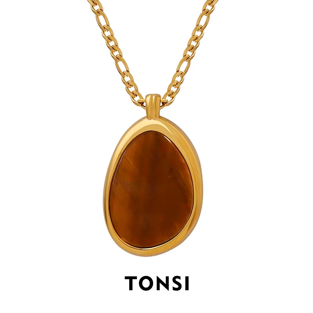 Thai style Nanyang style fashion temperament natural tiger eye stone pendant stainless steel necklace autumn and winter jumper