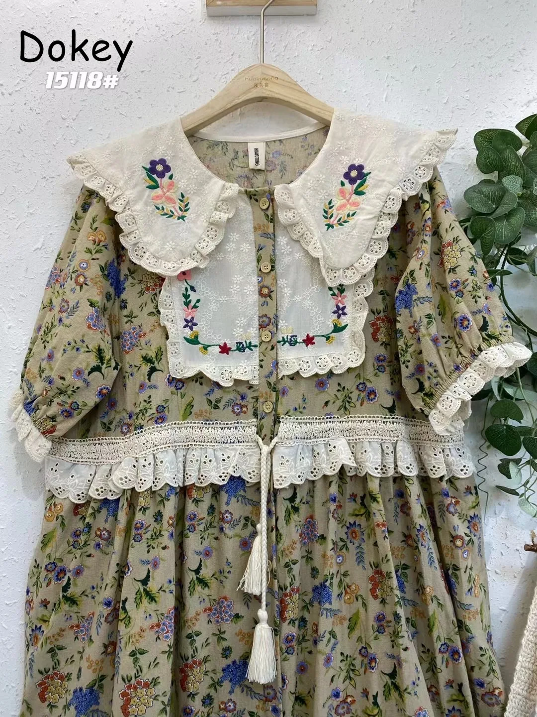 Vintage ricamo Art Print abito Kawaii donna giapponese Mori Girl Peter Pan Collar Patchwork abito in lino di cotone abiti larghi