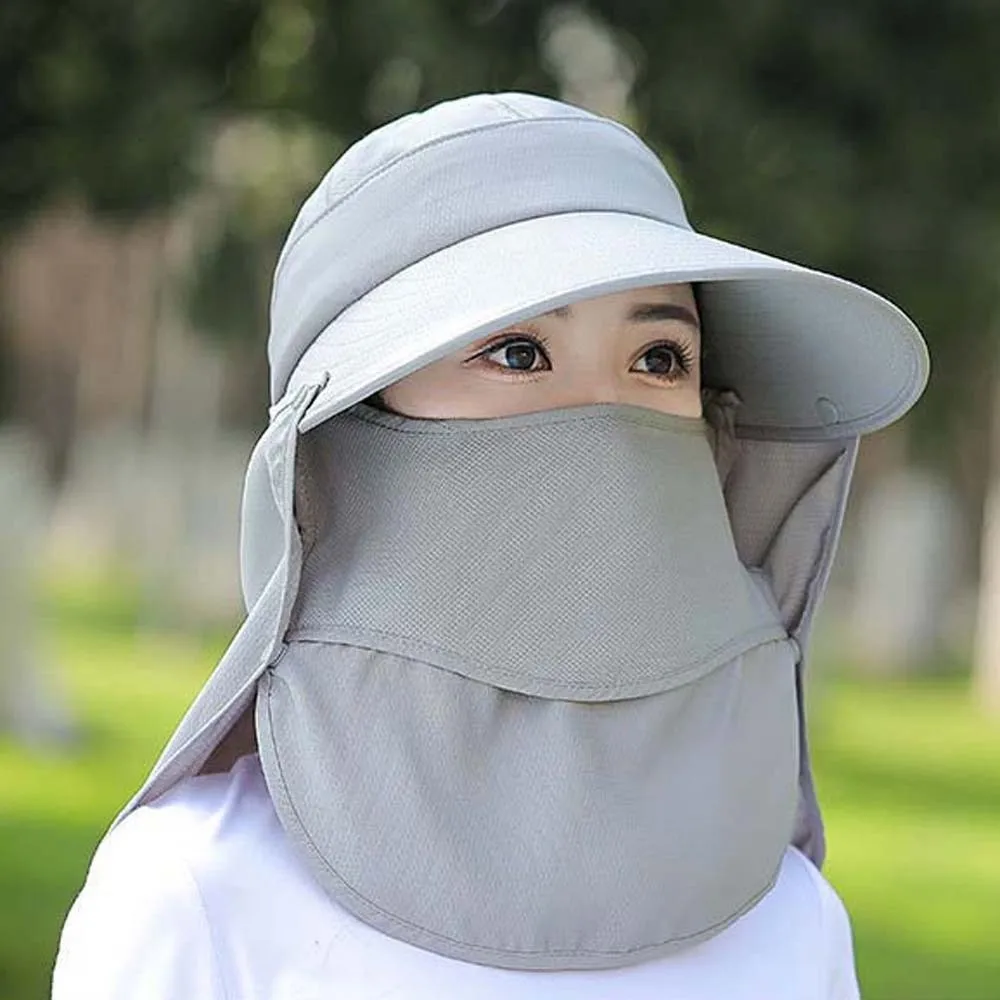 

Portable Anti-UV Shawl Mask Hat Wide-Brimmed Adjustable Picking Tea Hat Polyester Solid Color Neck Protection Cap Women