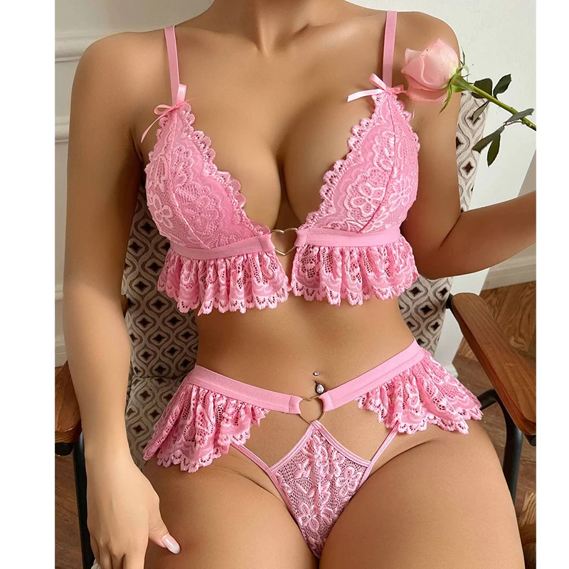 

Sexy Lingerie Beautiful Lace Underwear Romantic Exotic Sets Sexy Girl's Delicate Bilizna Bowknot Fancy Lingerie Three-Point Suit