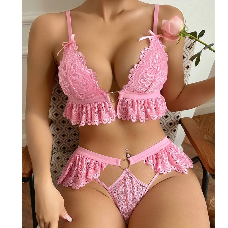 Sexy Lingerie Beautiful Lace Underwear Romantic Exotic Sets Sexy Girl's Delicate Bilizna Bowknot Fancy Lingerie Three-Point Suit