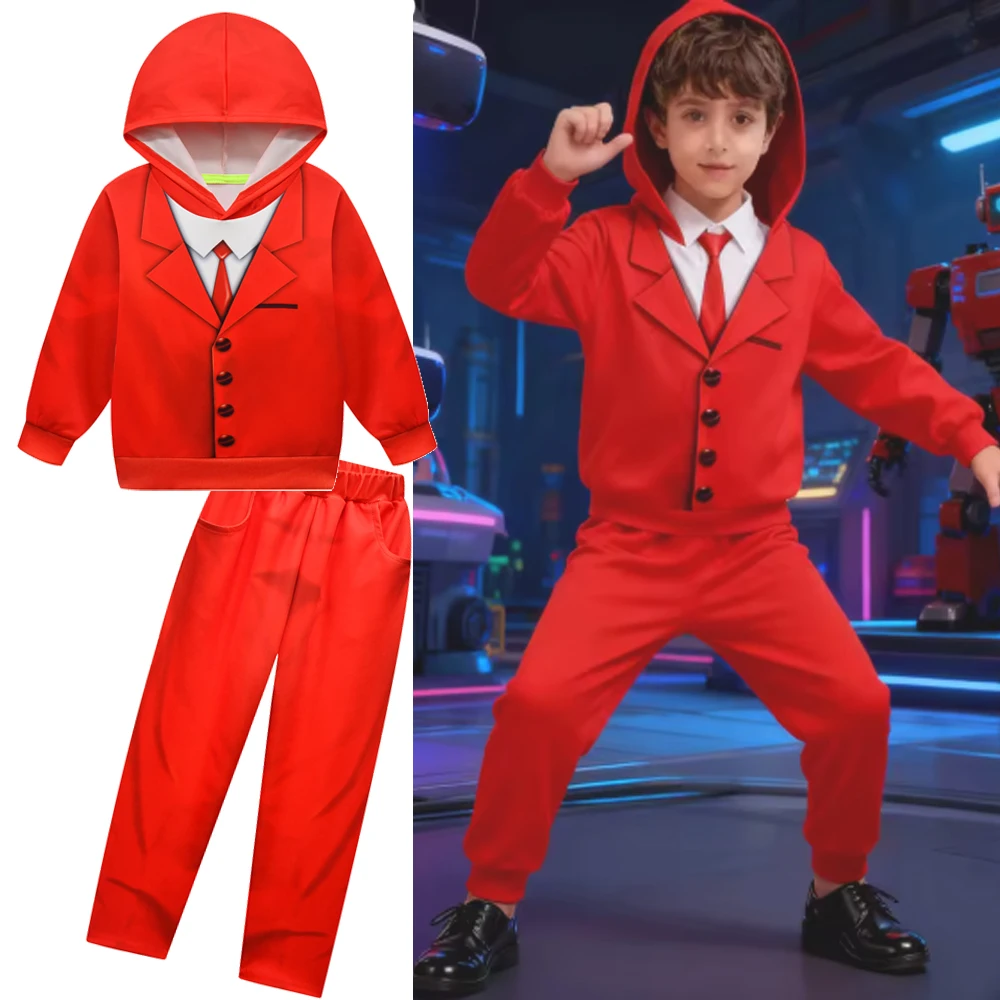 Disfraz de bolsillo Devs VR para niños, traje rojo de Cosplay para hombre, Sudadera con capucha, pantalones, conjunto de ropa Bos Girls, traje de fiesta de Halloween, regalo de cumpleaños