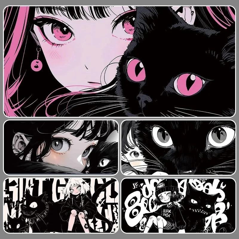 Black Cat Anime Mouse Pad Extra Large Cartoon Computer Desk Mat Keyboard Wrist Rest Gaming Mouse Pad Office Desk Mat
