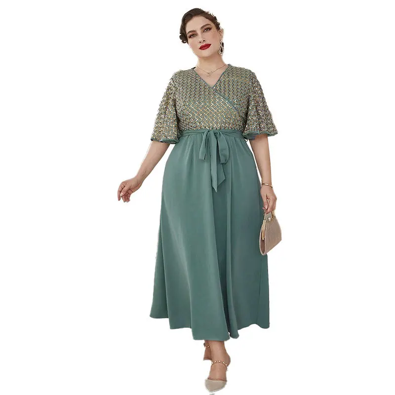 Plus Size Dresses Women 2024 New Comfort Casual Large Size Dress Chiffon V-neck Ruffle Sleeves Fashion High End Banquet Dress