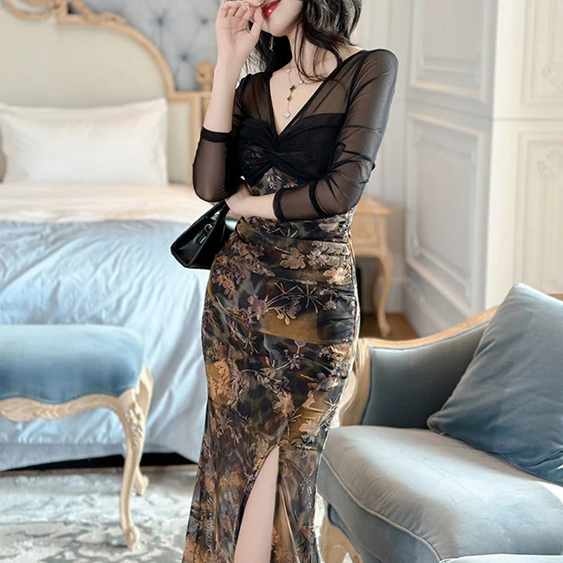 Spring Summer V-neck Fashion Long Sleeve Maxi Dress Women High Street Casual Slim Sexy Dresses Pleated Zipper Patchwork Vestidos