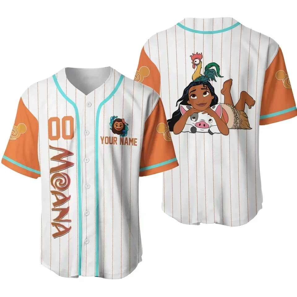 New Disney Moana Princess Customized Name Baseball Jersey Outdoor Sports Style Casual Jersey Men\'s and Women\'s Personalized Tops