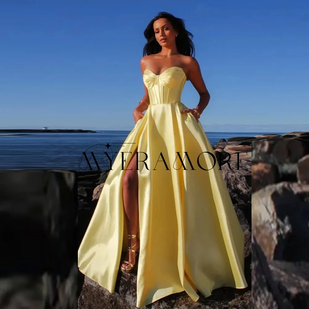 

Simple Sweetheart Evening Dresses Yellow A-Line Side Slit Pleat Homecoming Dresses Customized robes de soirée
