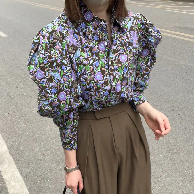 

2023 Spring And Autumn New Korean Printed Top Design With Fashionable Bubble Sleeve Shirt For Women