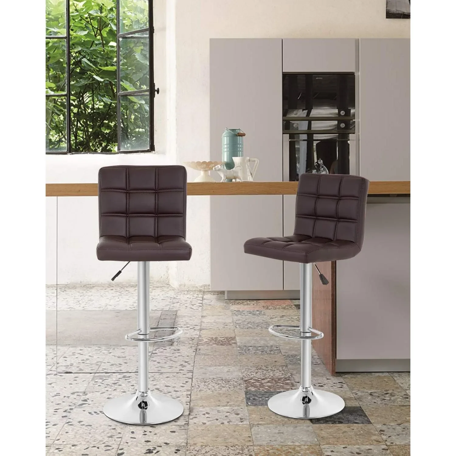 Modern Adjustable Hydraulic Bar Stool Set of 2, PU Leather Swivel Counter Height Stools for Kitchen Bar & Home Decor