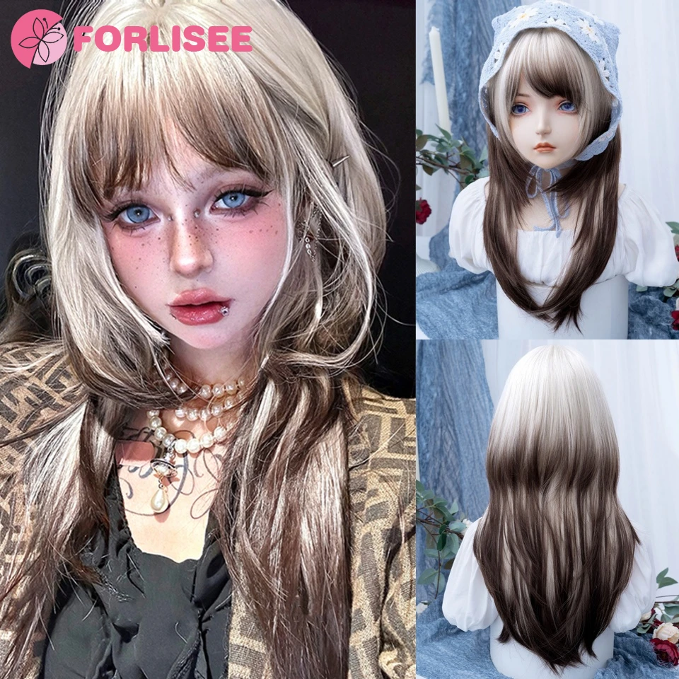 

FORLISEE Synthetic Brown Long Straight Synthetic Wigs with Bangs Cosplay Wig for Women High Temperature Natural Fake Hair