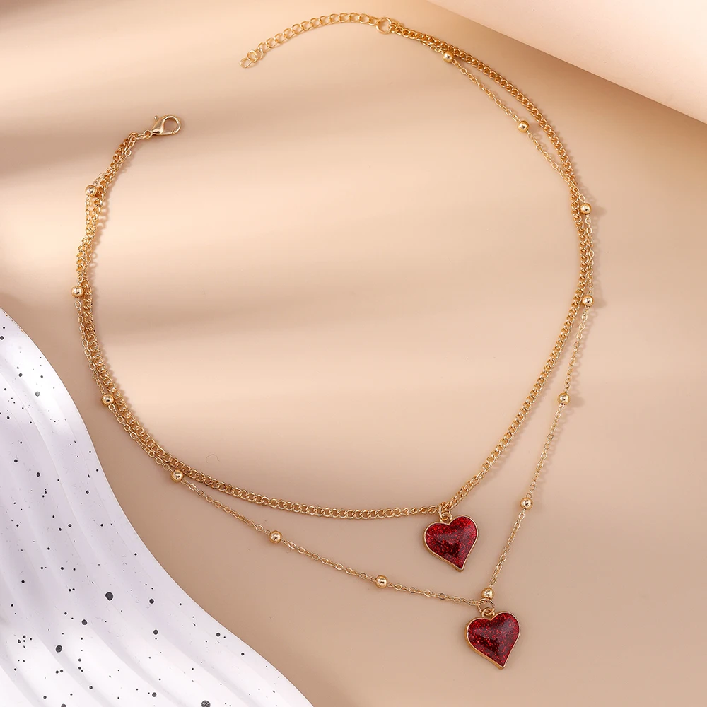 Aihua Gold Color Red Heart Necklace Romantic Sweet Simple Clavicle Chain Necklaces for Women Collar Valentine‘s Day Jewelry Gift