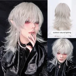 16Inch Silver White Color Handsome Synthetic Wig With Bang Medium Natural Wavy Hair Wig for Man or Women Cosplay Heat Resistant