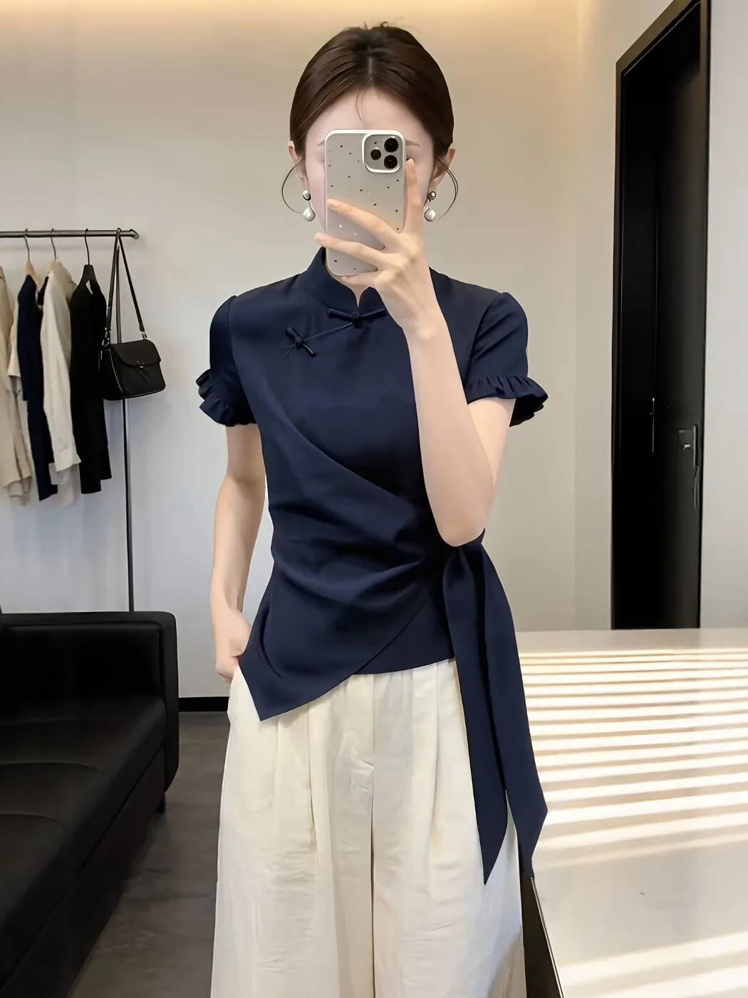 

New Chinese Style Short Sleeve Shirt Women's Slim Fit Waist Cinching Stand Collar Blue Color Top Fashion Design Summer Shirt