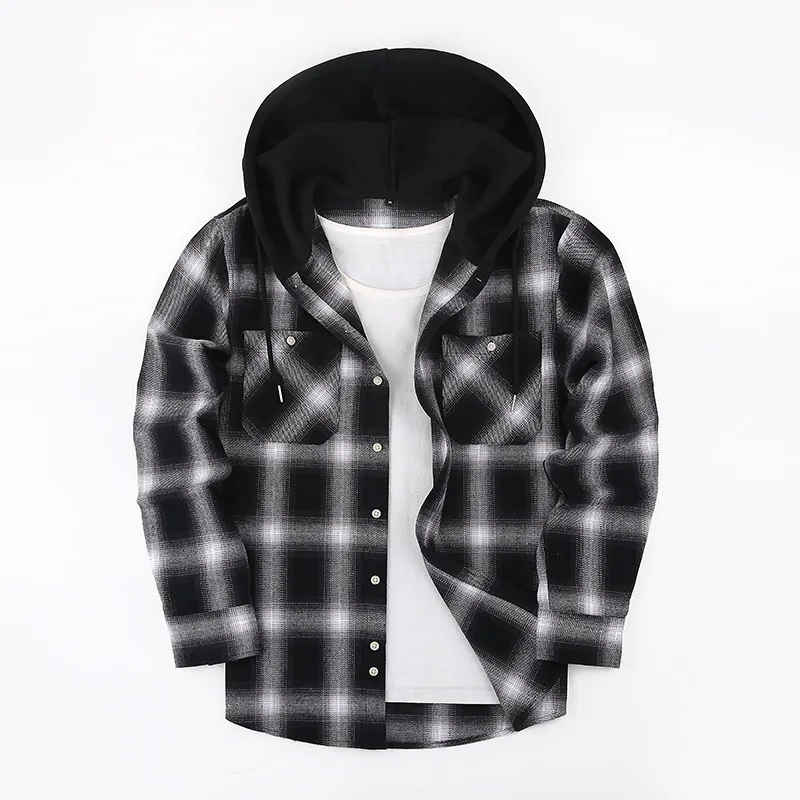 2025 Spring New Loose Casual Flannel Long Sleeve Hooded Plaid Shirt Men's Printed Top