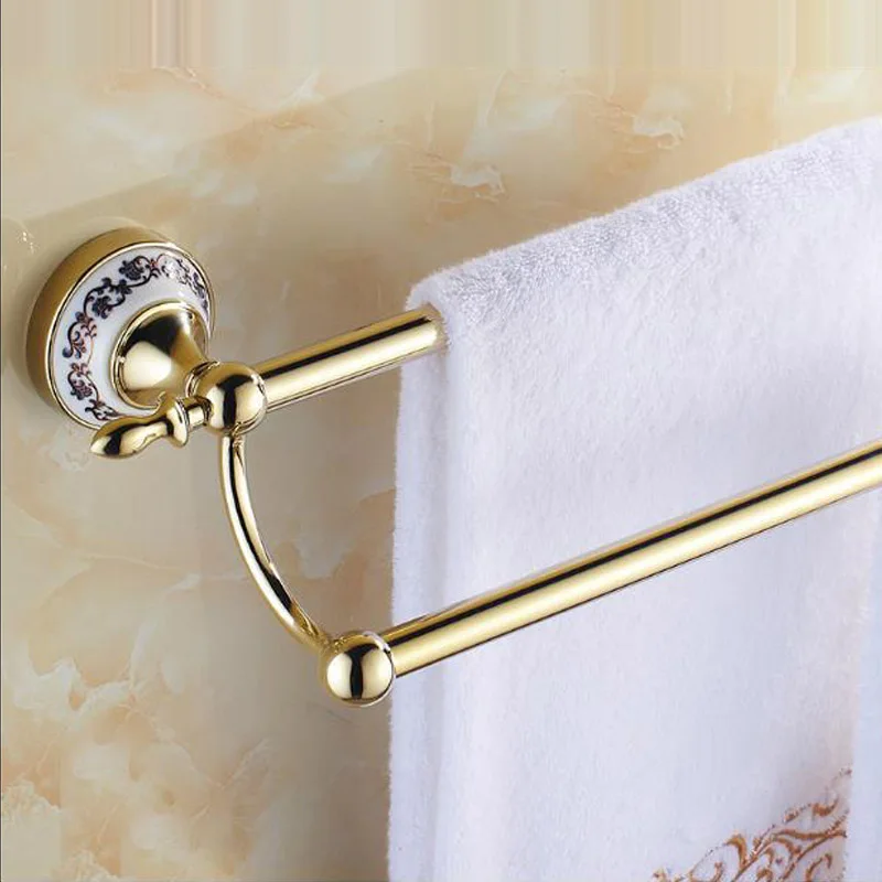 Gold Double Towel Bar, Stainless Steel Wall Mounted Bathroom Towel Hanger Rod, 2 Rail Bathroom Shelf Storage Organizer