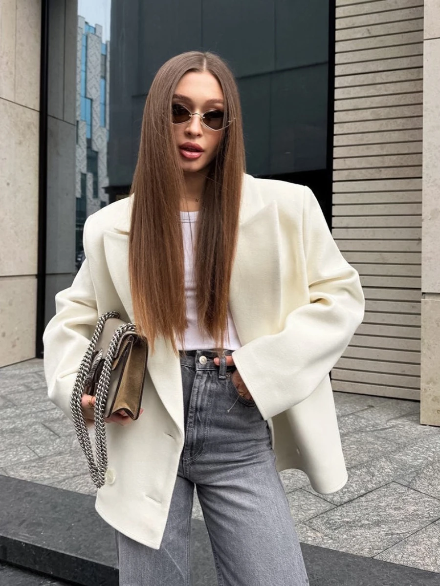 TWOTWINSTYLE Wit High End Office Jas voor Vrouwen Notched Kraag Lange Mouw Patcfhwork Double Breasted Herfst Jas Vrouwelijke Nieuwe