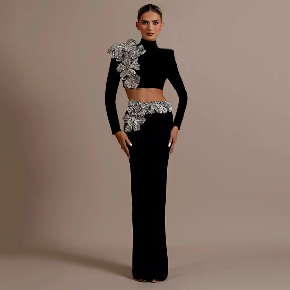 Hot Selling Fashion Women Half High Neck Long Sleeved Floral Diamond Short top&Hip Wrapped Skirt Black Bandage Two-piece Sets