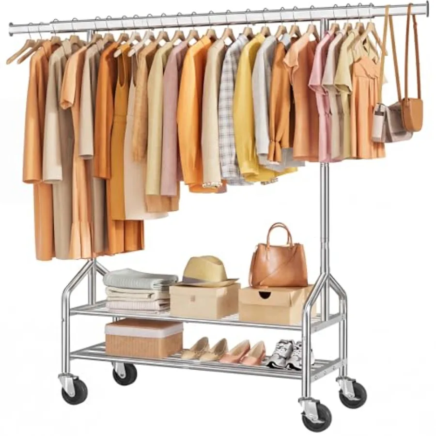 

Clothes Rack Load 350 LBS, Clothing Rack with Double Layer Shelves, Metal Heavy Duty Garment Rack, Adjustable Length and Height