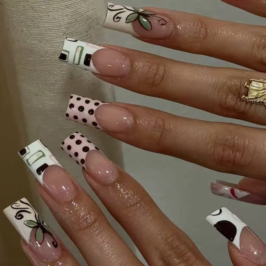 

24 nail art wearing nail pads polka dots green flowers hand-painted butterfly long water pipe nail wearing fake nail patch