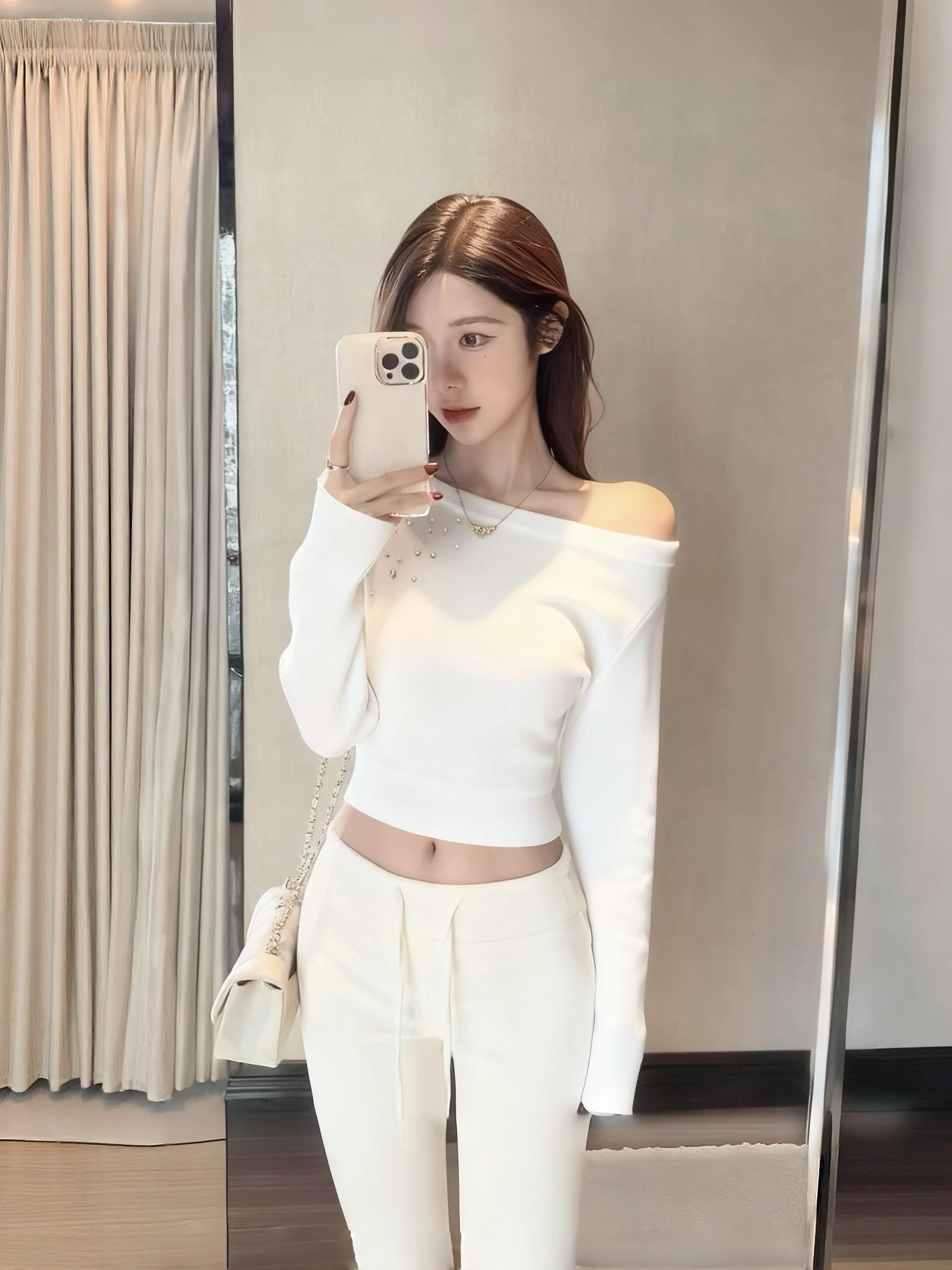 

Korean Sle ort Knitted Base irt Women's Early Autumn Pure Desire Waist-Cinching Diamond-Embedded Long Sve Top