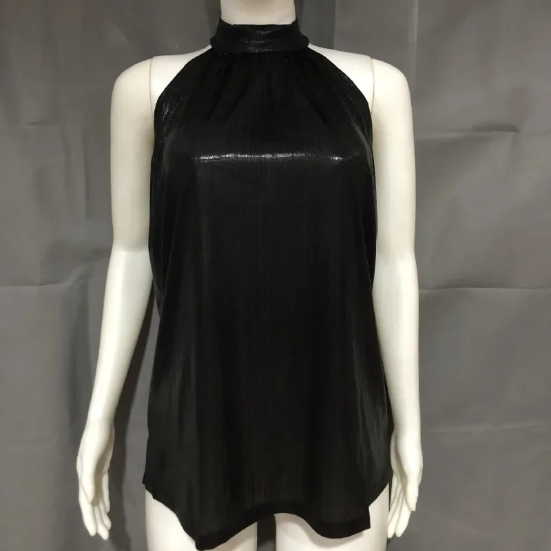 2024 Womens Fashion Shiny Neck Tank Tops Vest Ladies Summer Casual Solid Color Sleeveless T Shirt Blouse Black Gold Silver YDL33
