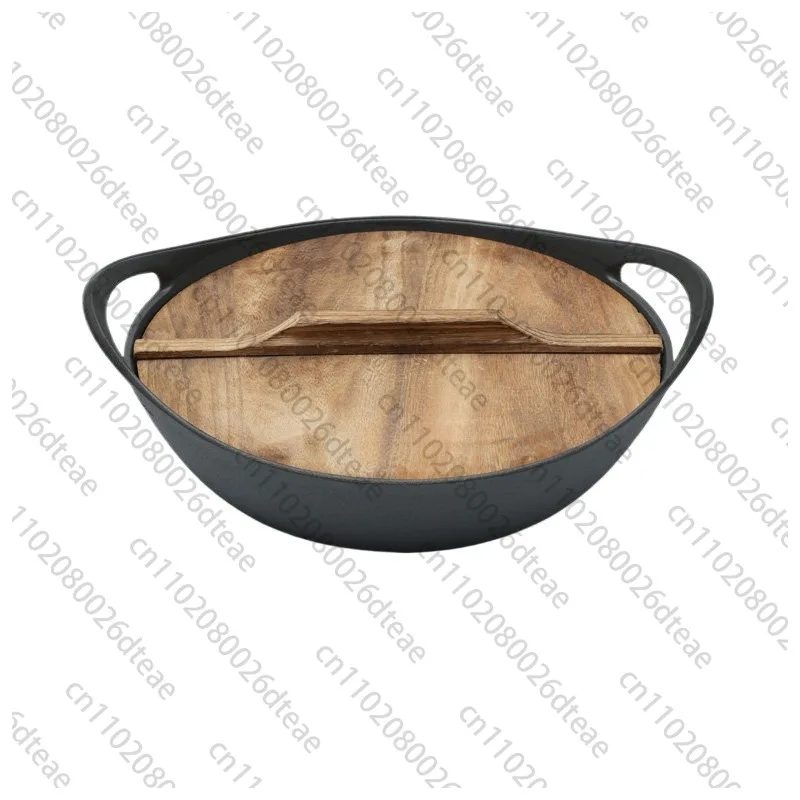 32/36cm Cast Iron Wok Double Ear Handles Traditional Chinese Wok Induction Compatible Uncoated Natural Healthy Cooking Pot