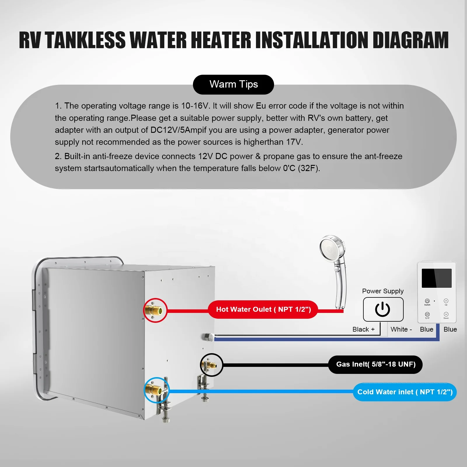 تصميم جديد 10L/دقيقة سخان الماء الساخن بالغاز الأبيض للقوافل و RV 20kW مبادل حراري نحاسي كهربائي بدون خزان #5