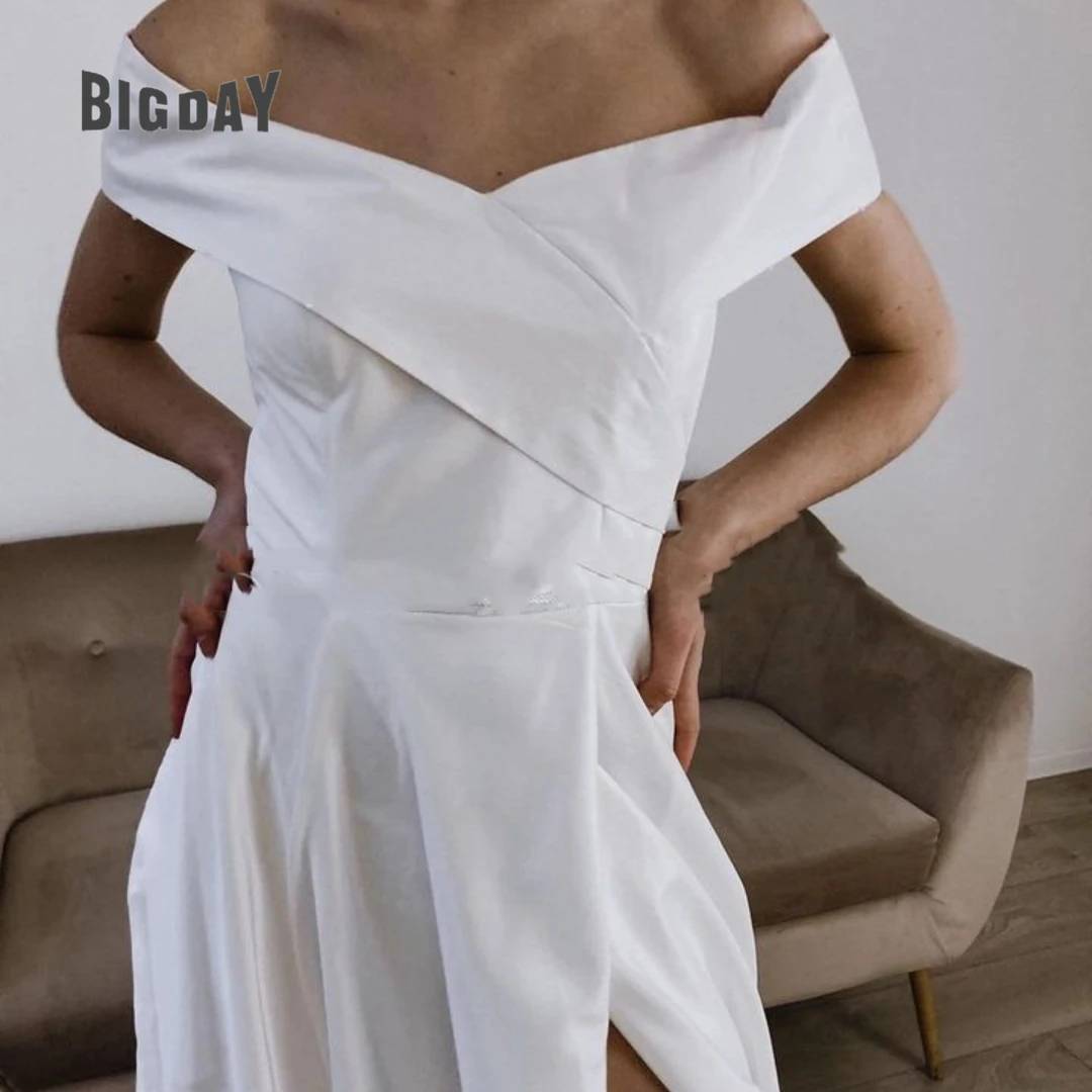 Simple Wedding Dress For Woman Strapless A-Line Satin Side Slit Off The Shoulder Bride Gown Train Vestidos De Novia Customized