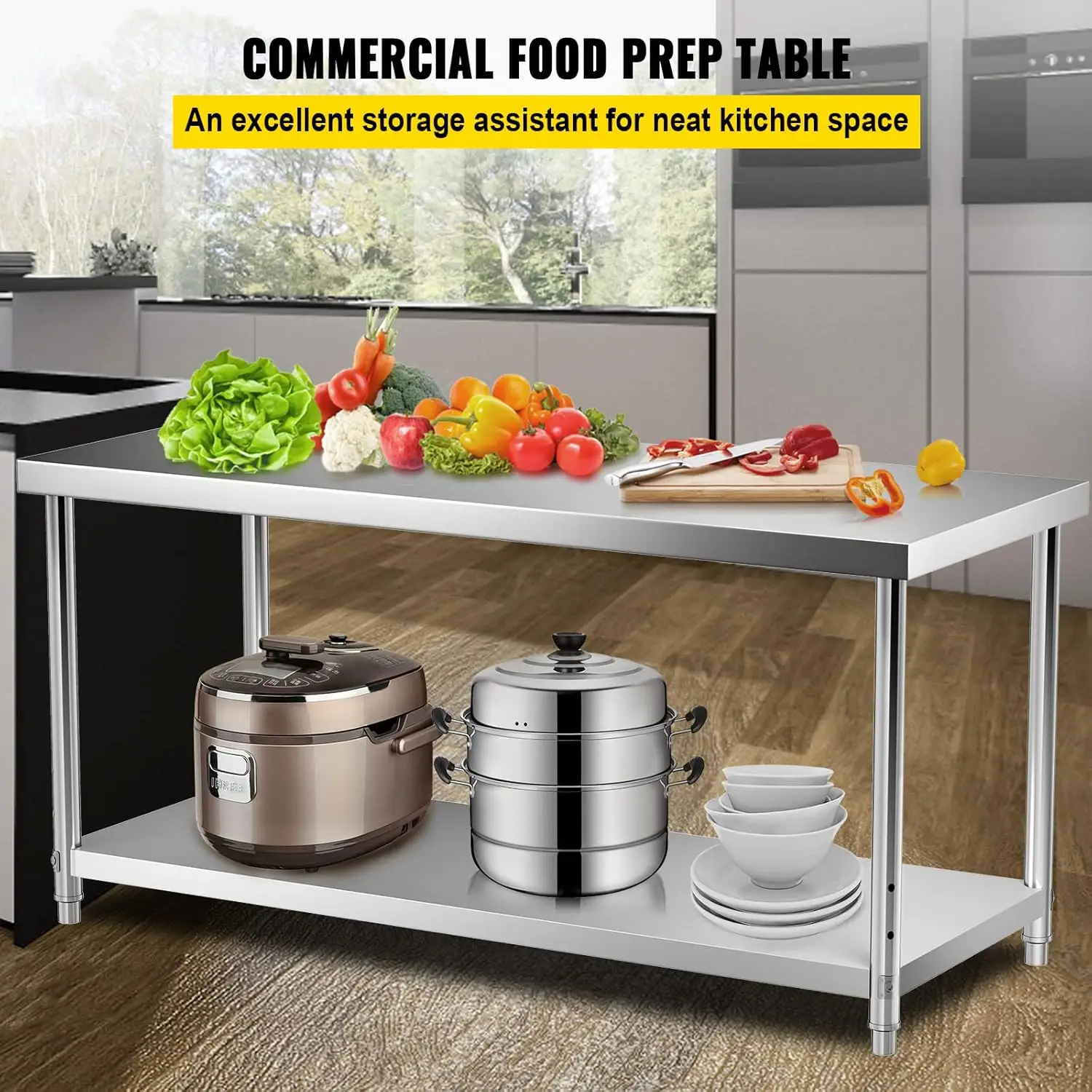 Stainless Steel Prep Table, 72 x 30 x 34 Inch, 550lbs Load Capacity Heavy Duty Metal Worktable with Adjustable Undershelf