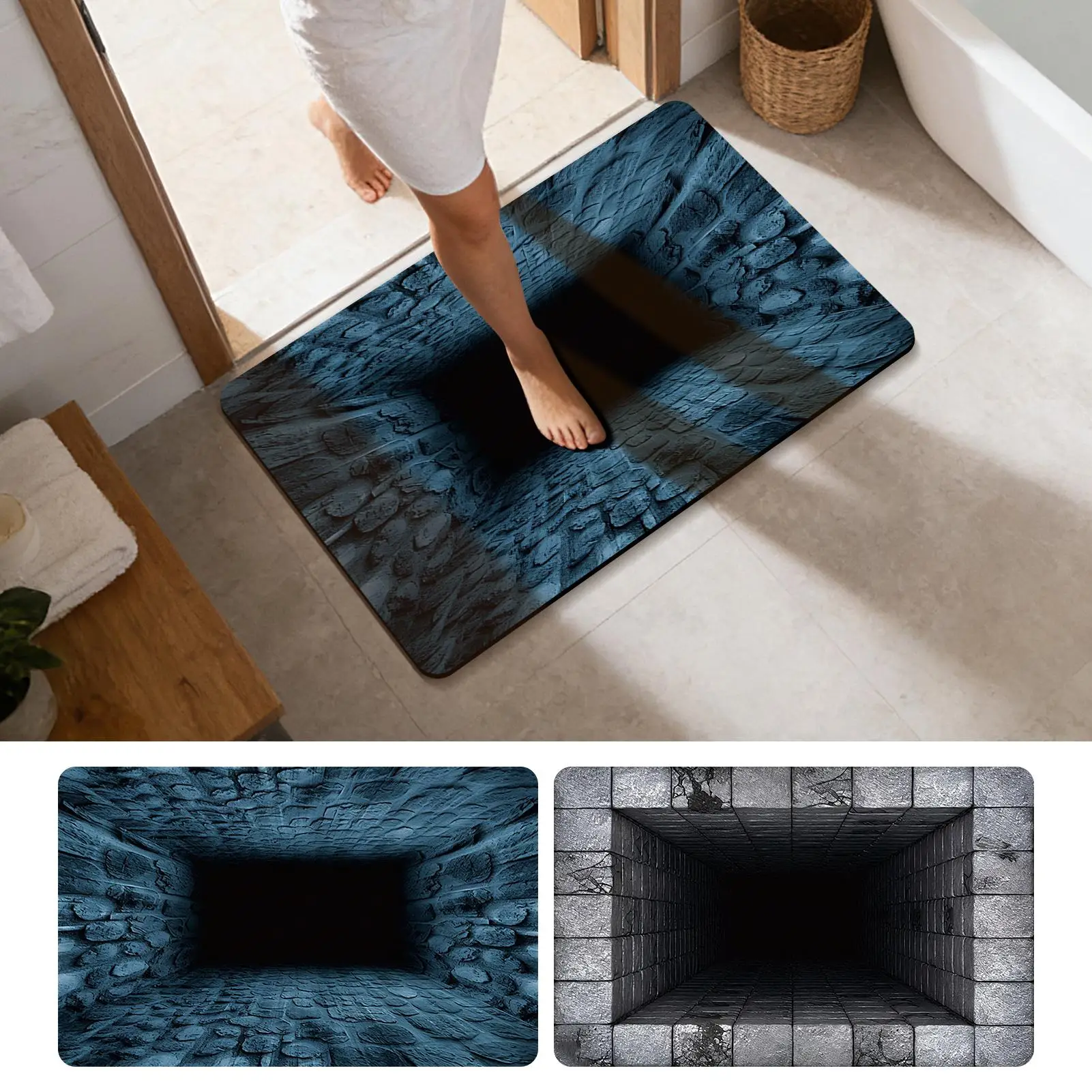 3D Optical Illusion Rug Non Slip Quick Dry Carpet Mat 80x50cm Hole Design Floor Mat for Living Room Home Holiday Party Decor