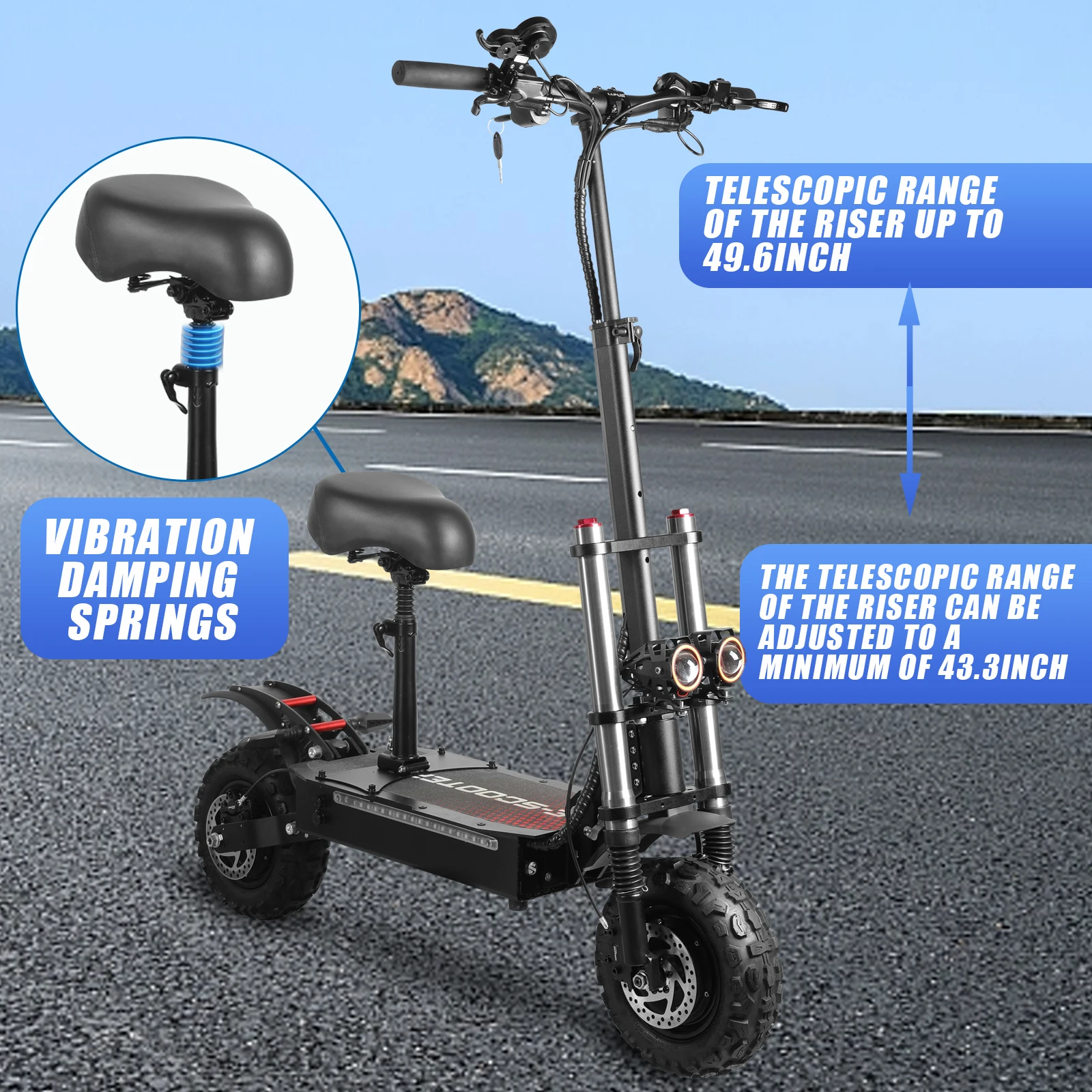 Off-road Electric Scooter with Seat,60V 38Ah Battery,60 Miles Range,440 Lbs Loading,50 Mph Fast Electric for Adults