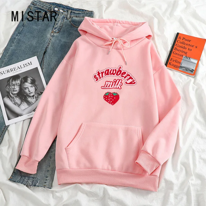 Kawaii Strawberry Milk Sweatshirt Hoodie Women Loose Streetwear Clothing Graphic Pullover Women Harajuku Pink Hoodie Cute Coat