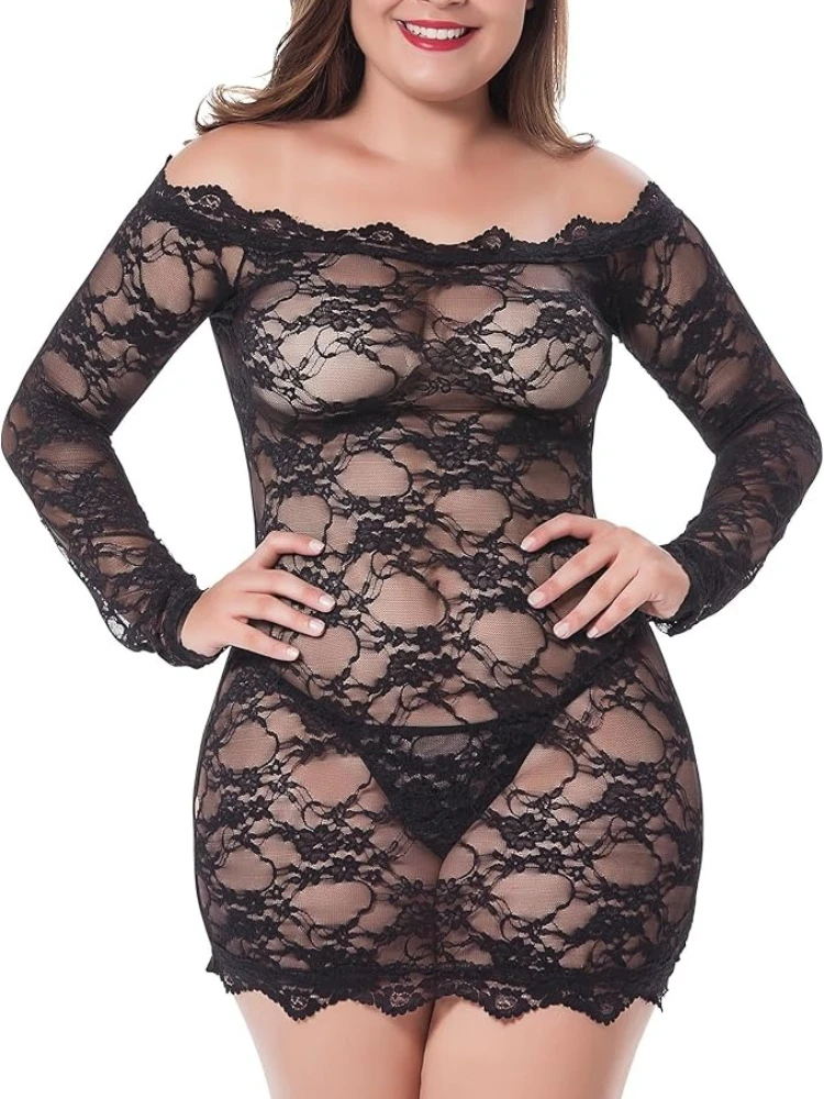 

Plus Size Women's Sexy Babydoll Lingerie Floral Lace Off Shoulder Mini Dress Chemise Sleepwear See Through Exotic Boudoir Outfit
