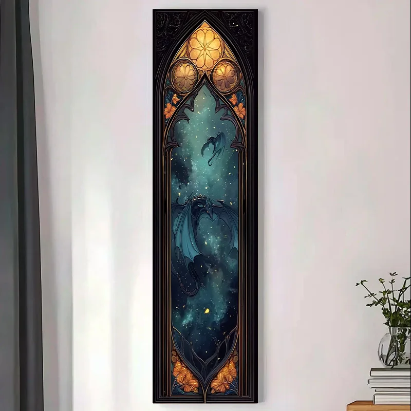 150x40cm Gothic Church Window Dragon Starry Sky Floral Frame Vertical Long Tapestry Dark Fantasy Medieval Cosmic Galaxy Narrow