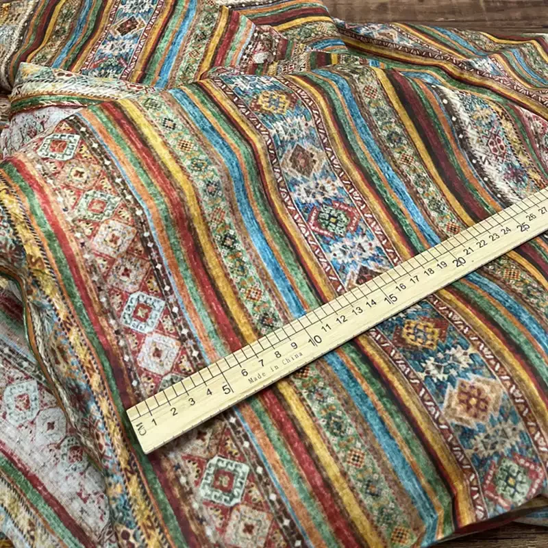 100% ramie fabric with multi-color striped printed patterns, suitable for making clothing, skirts, and DIY sewing fabrics