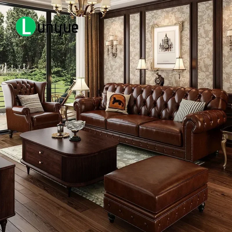 American Retro Oil Wax Leather Sofa 3 4 Seater Straight Row Medieval Brown Living Room Villa Furniture Durable Comfortable