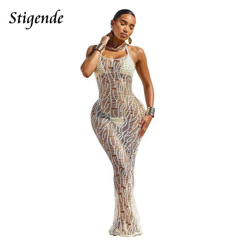 Stigende Women Sexy Knit 3 Piece Bikini Set with Cover Up Halter Backless Crochet Long Beach Dress