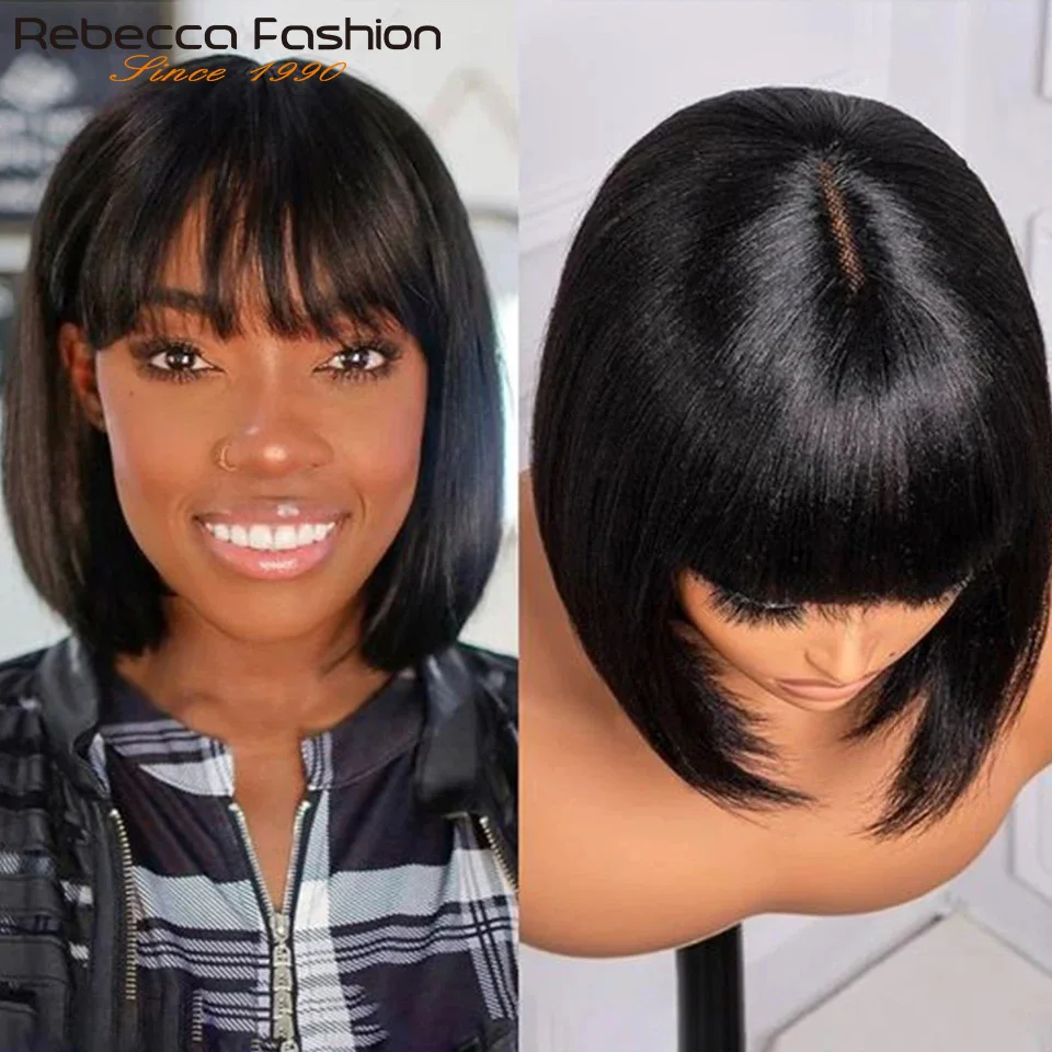 8-14” 180D Ready To Wear Straight Human Hair Bob Wigs With Bangs Fringe Brazilian Realastic Scalp Straight Lace Bob Wigs