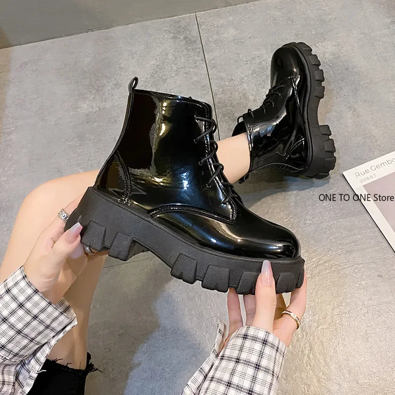 

Plus Size 42 Black New Women Ankle Boots Autumn Winter Platform Zipper Women Punk Boots Thick Sole Lace Up Combat Booties Female