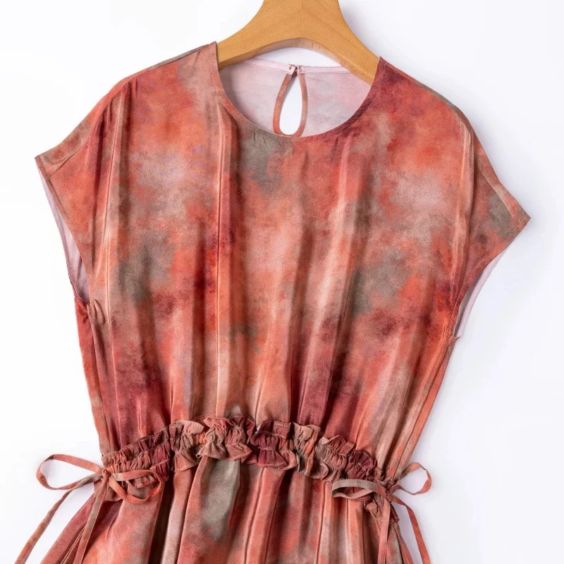 BirdTree, 100% Real Silk Print Dress, Raglan Sleeve O-neck, Women Double Crepe Waist Drawstring Loose 2026 New Dresses D66514JF