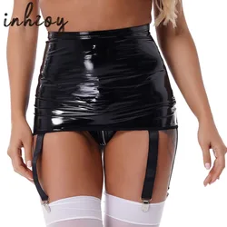 Sexy PVC Leather Mini Skirt Garter Belt with Clips Womens Wet Look High Waist Latex Bodycom Pencil Skirt Pole Dance Clubwear