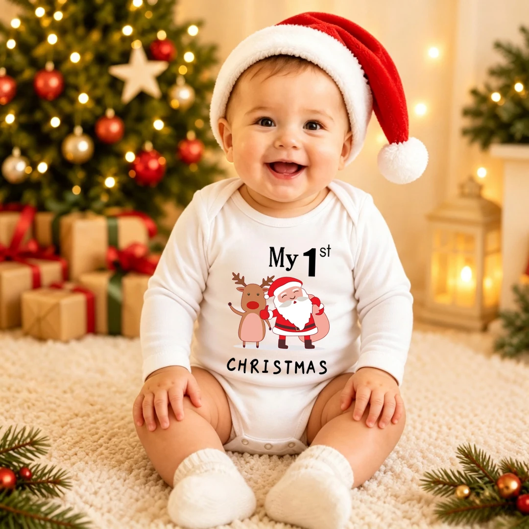 My 1st Christmas Santa Claus Elk Print Newborn Cute Long Sleeve Romper White Cotton Baby Boys Girls Bodysuit